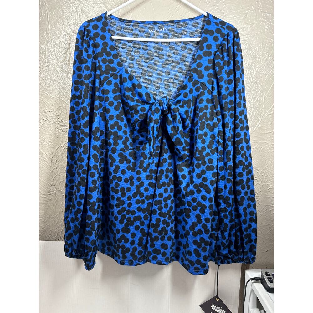 NWT Ava & Viv Shirt‎ Womens Plus Blue Black Polka Dot Long Sleeve Sweetheart 1X
